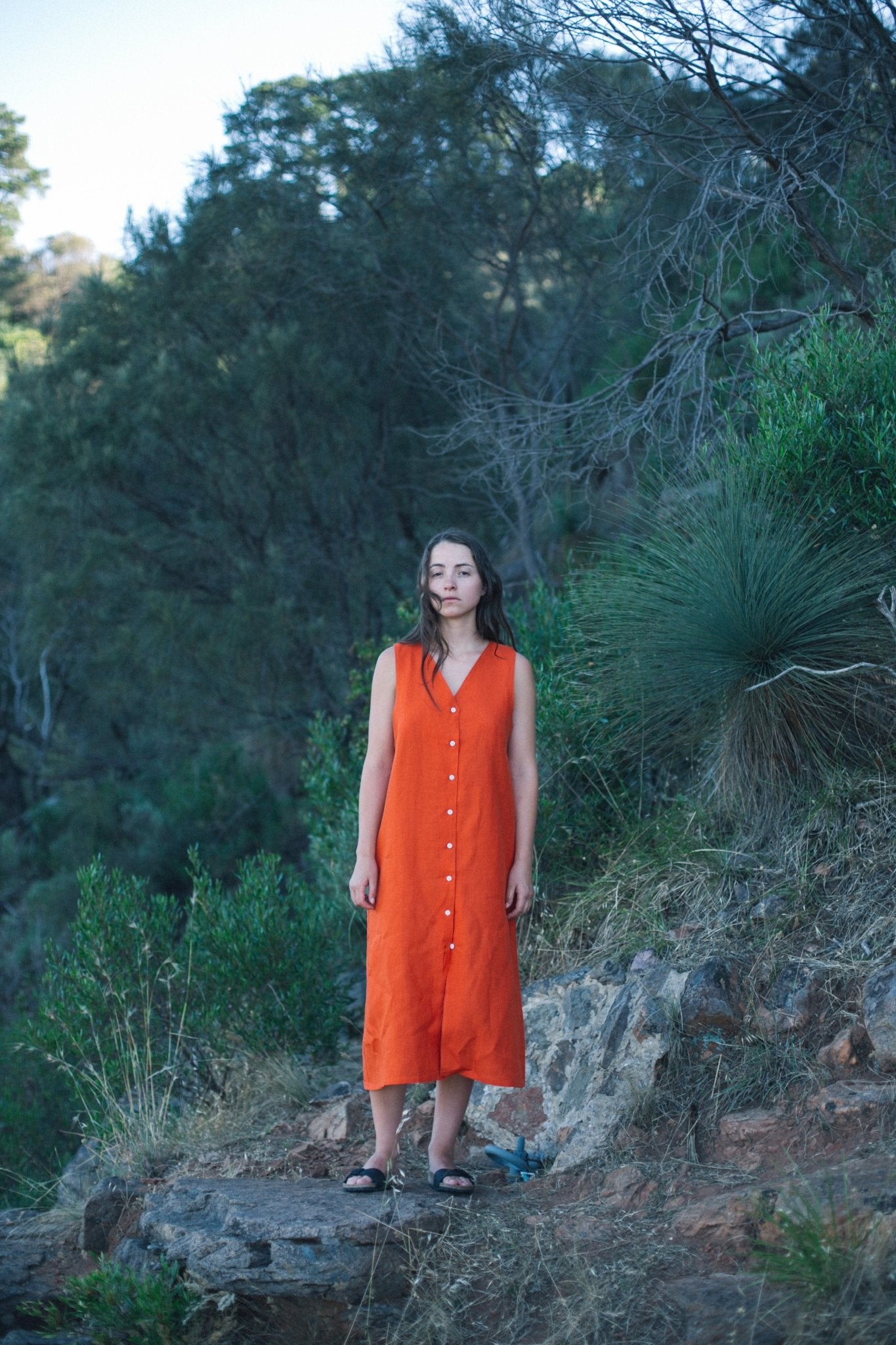 Hemp Linen Button V Dress - GOOD STUDIOS